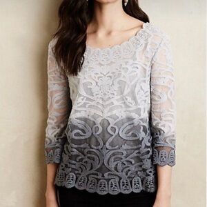 Meadow Rue Anthropologie Blue-Grey Sheer Ombré Lace Top EUC